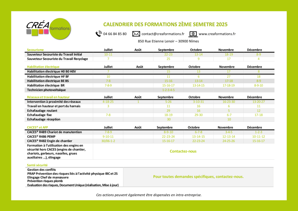 Calendrier des formations 2ème semestre 2025 Nîmes